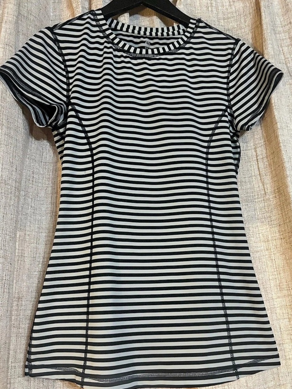 90 Degree by Reflex Stretchy  Striped Short Sleeve Top in Black & light Blue